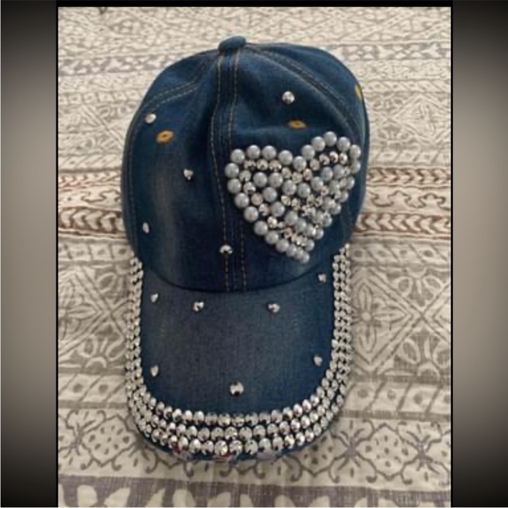 Embellished Denim Cap with Rhinestones: size OS